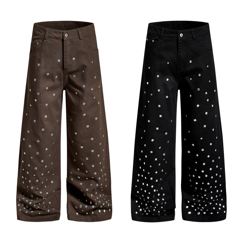 Brown and black wide-leg denim pants shown side by side, front view