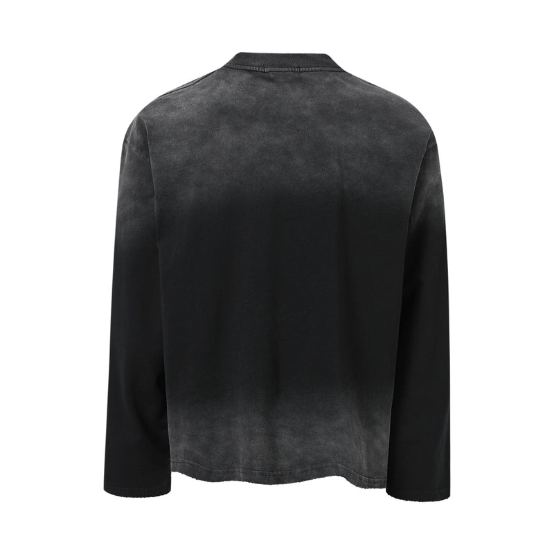 Black long-sleeve tee back view with washed texture and plain back
