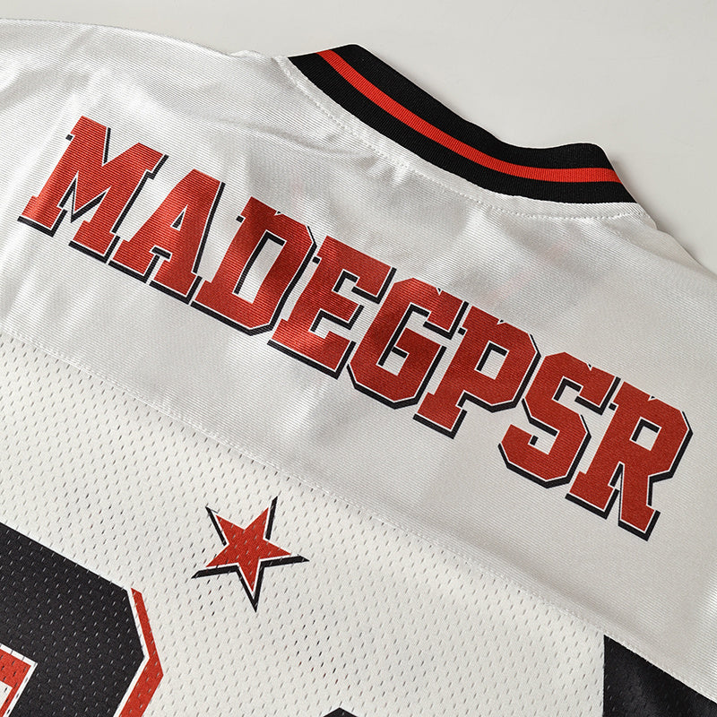 White football jersey with red MadeGPSR lettering, black-and-red striped collar, and varsity star graphic
