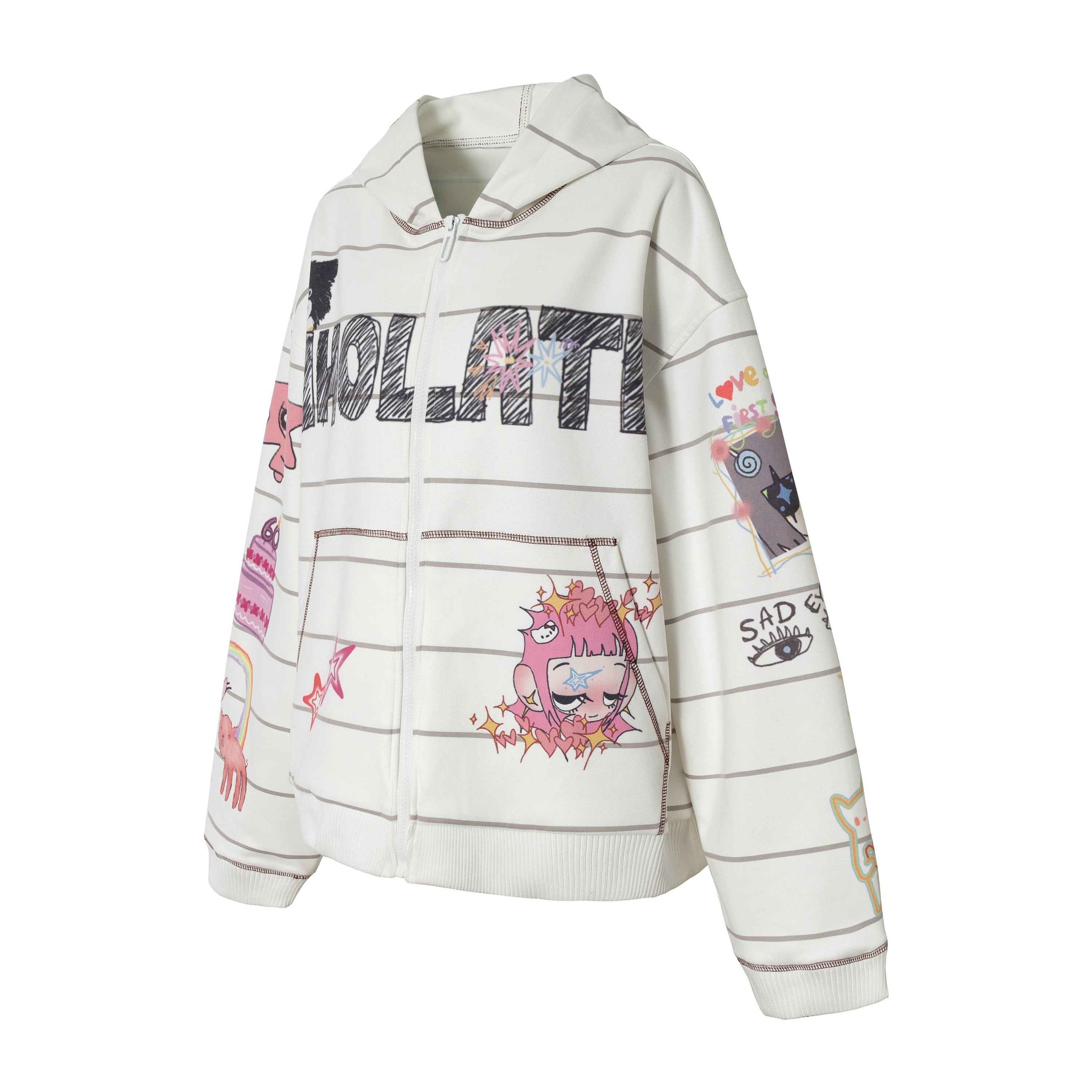 All-Over Hand-Drawn Graphic Zip-Up Hoodie | Streetwear