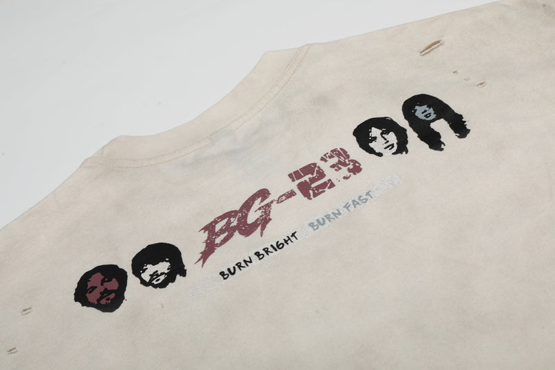 Vintage beige graphic band tee with distressed print, face portraits, and Burn Bright text on the front
