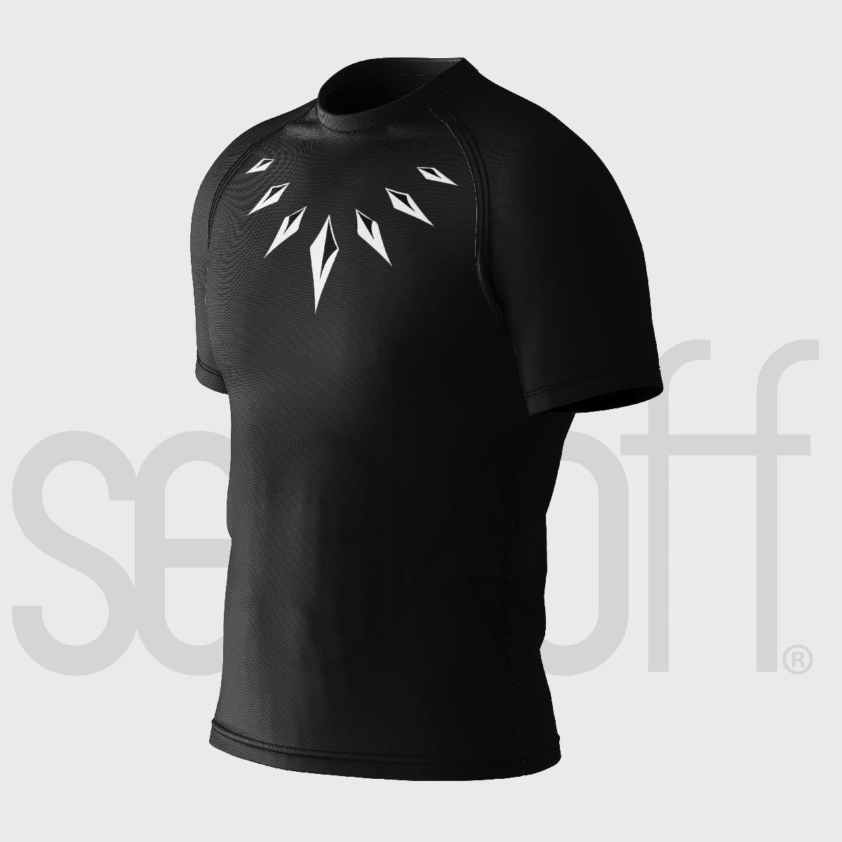 The Black Panther-Inspired Compression Gym Shirt by Seakoff features a silver geometric pattern around the neckline. This black short-sleeve is perfect for high-intensity workouts with its moisture-wicking fabric, displayed on a plain background.