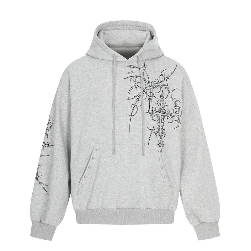 Light gray oversized hoodie with black gothic cross graphic on the front