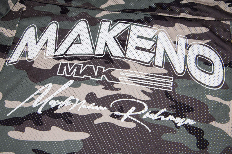 Camo mesh football jersey tee with oversized MAKENO graphic in green, black, and beige streetwear camo print