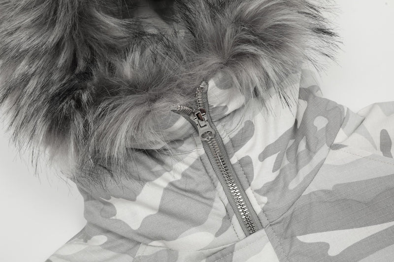 White Camo Faux Fur Hooded Padded Bomber Jacket