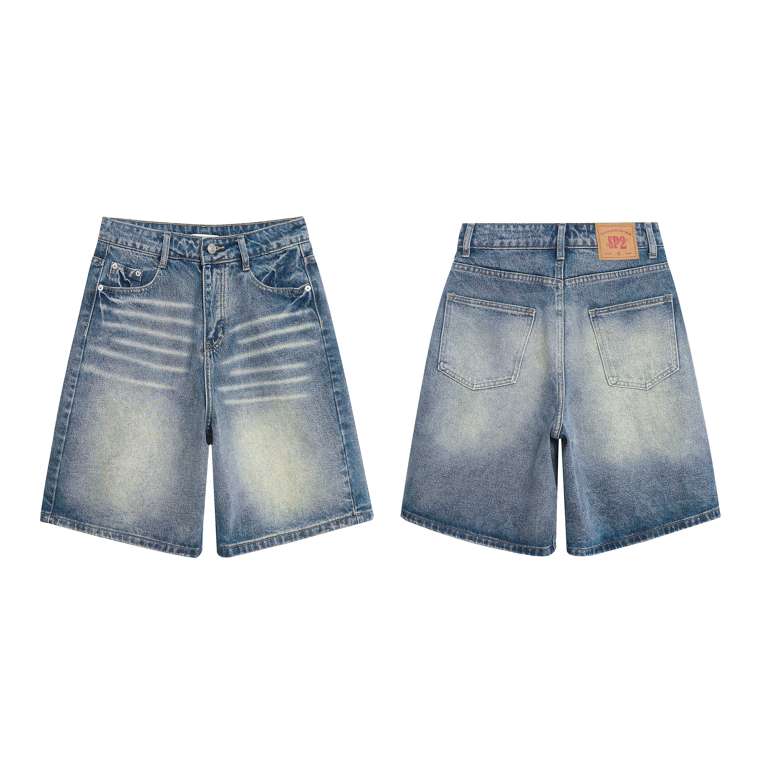Front and back view of faded wide-leg blue denim shorts with whisker detailing and a tan brand patch on the back waistband