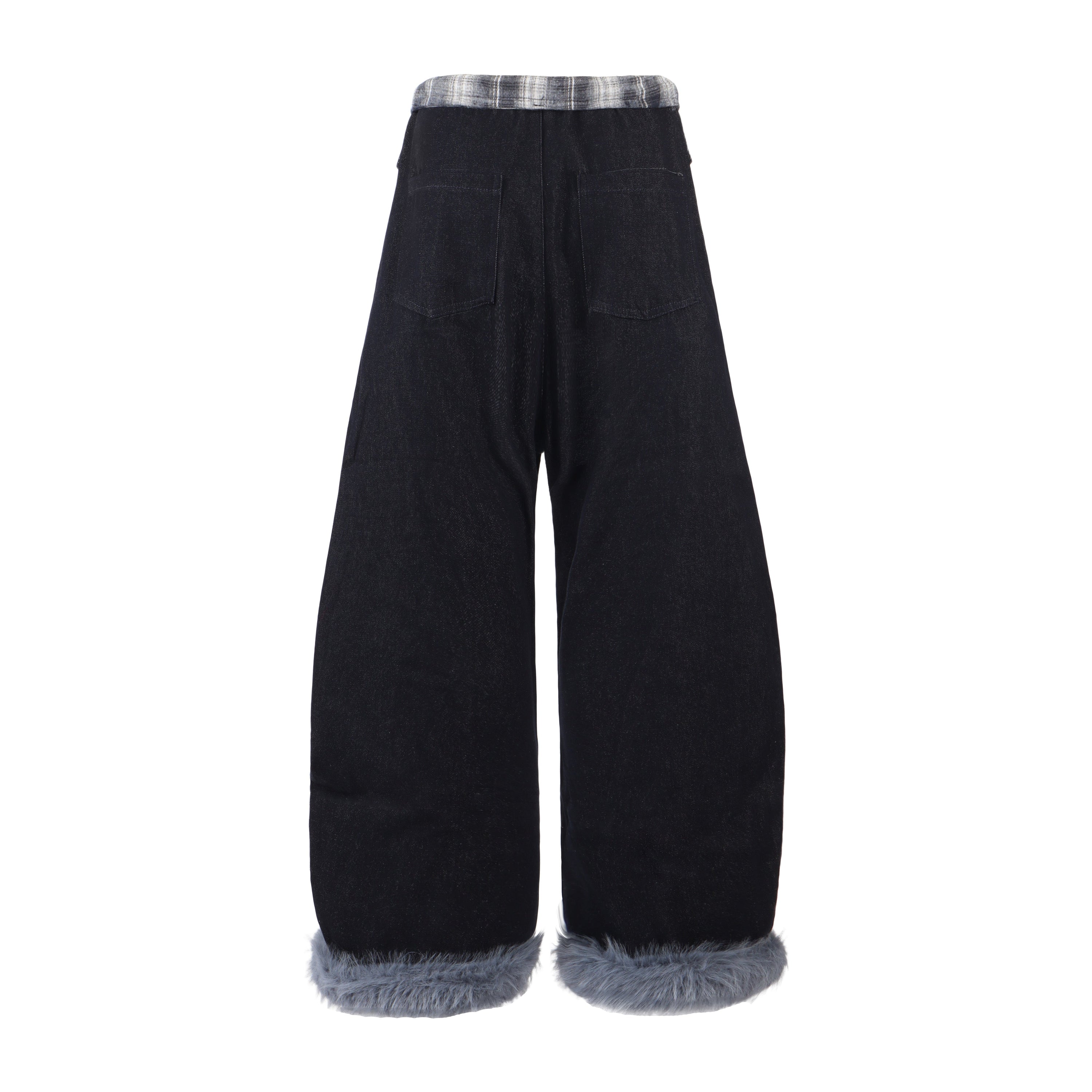 Omirad Flannel-Lined Faux Fur Barrel Leg Denim Pants