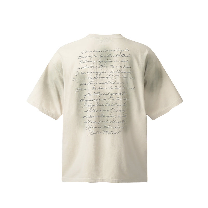 Cream oversized graphic tee with handwritten poem print on the back and relaxed vintage washed fit