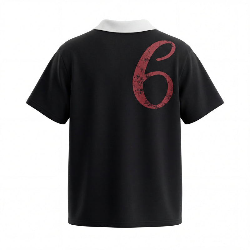 Black polo tee with white contrast collar and large distressed red graphic on the back