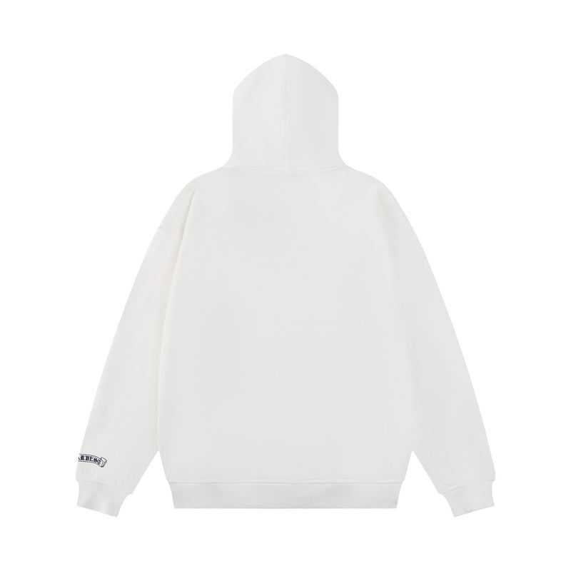 White pullover hoodie back view with plain hood and sleeves