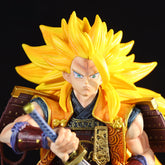 The Seakoff Goku Samurai Collectible Figure from Dragon Ball Z features exaggerated spiky yellow hair, a fierce expression, intricate samurai-inspired armor, and a sword pose against a solid black background.