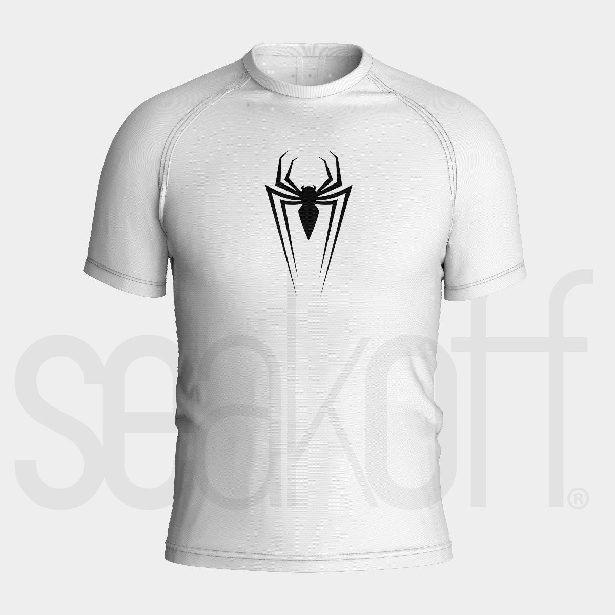 The Seakoff Spider Symbol Compression Gym Shirt, a white short-sleeve top featuring a central black spider design, offers an anime-inspired athletic vibe. Its plain background and high-performance moisture-wicking technology ensure comfort during workouts.