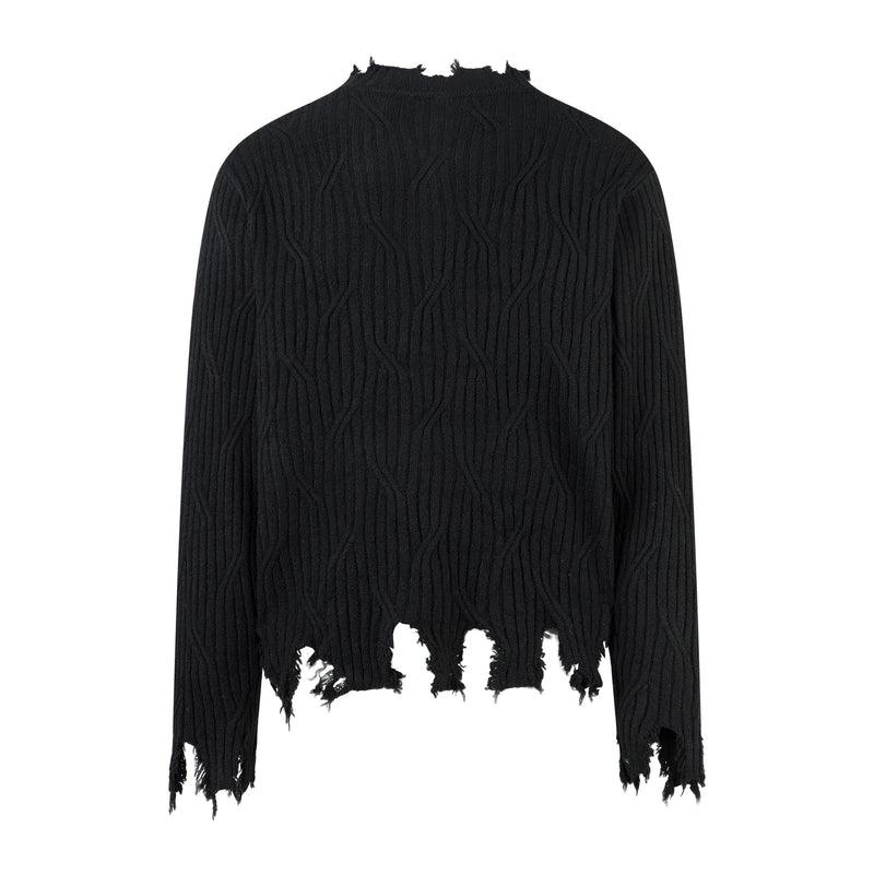 Black ribbed sweater with distressed hem, back view