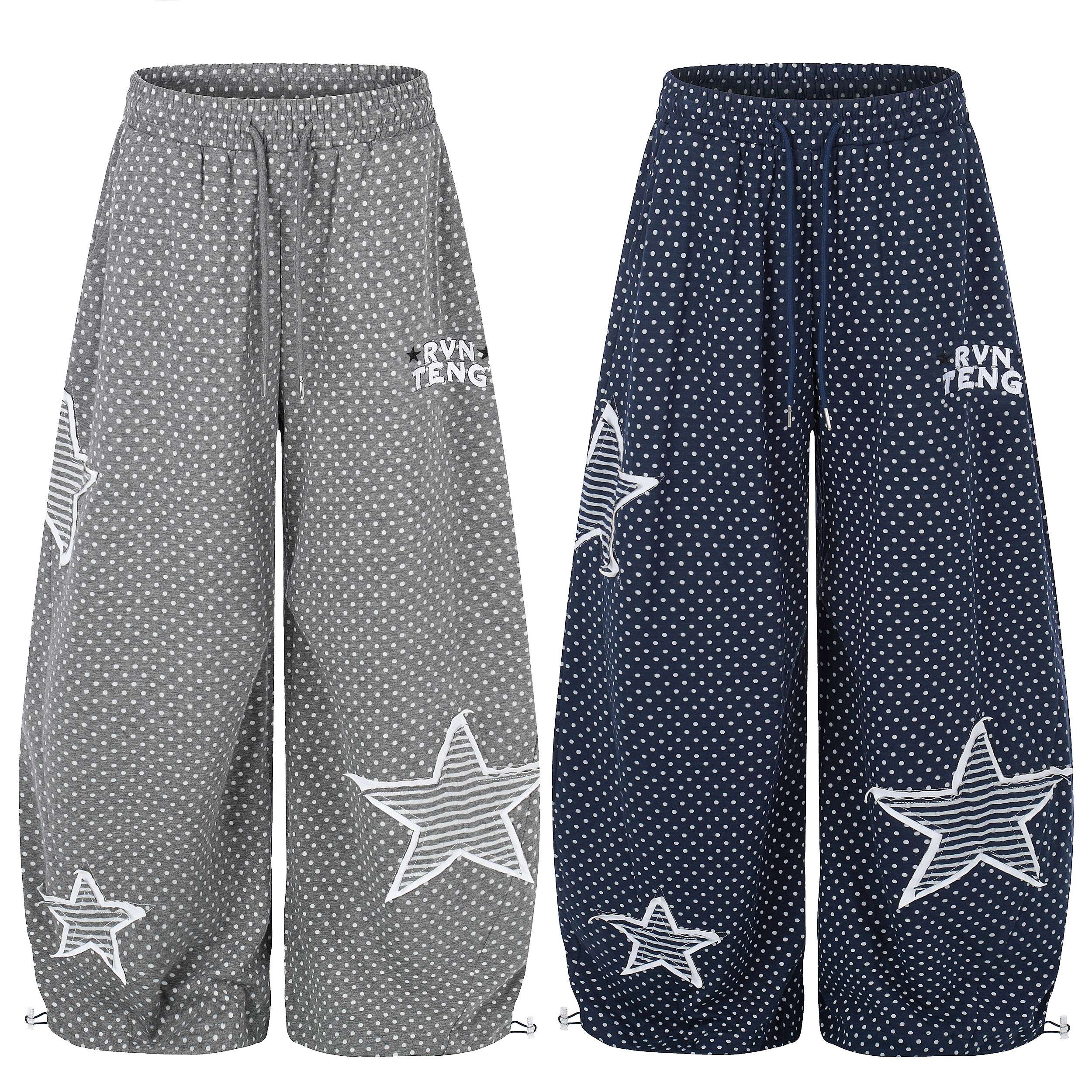 Grey and navy polka dot wide-leg sweatpants with oversized star graphics and RVN TENG branding, shown side by side