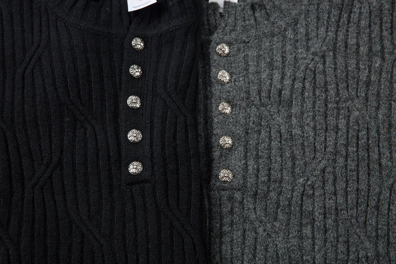 Side-by-side black and charcoal gray henley sweaters showing button front details