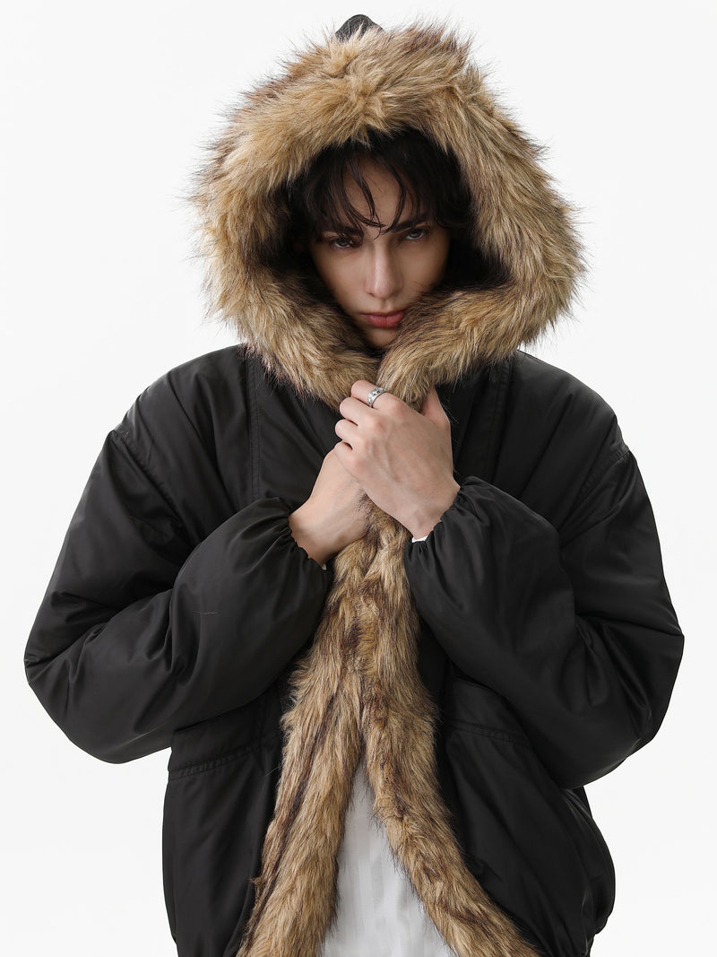 Faux Fur Trimmed Hooded Puffer Jacket | Army Green & Black