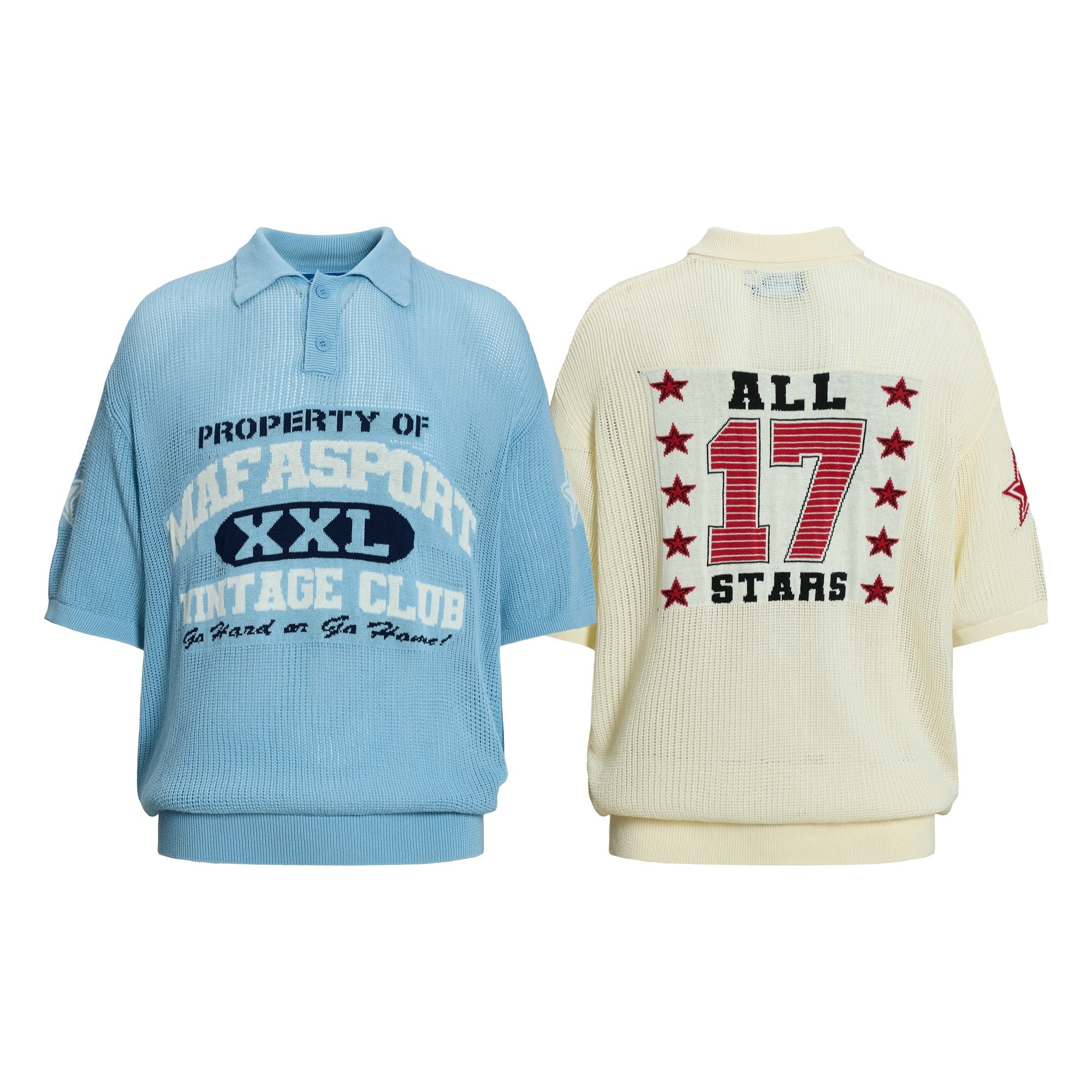 Omirad Varsity Knit Polo shown front and back in light blue and off-white with collegiate graphic print