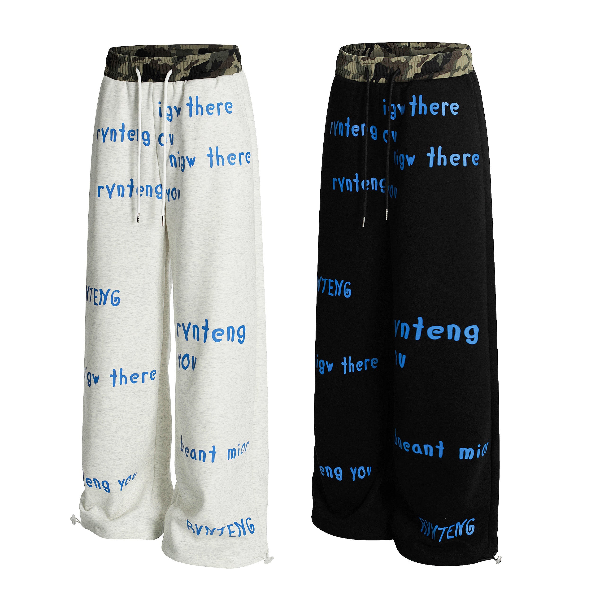 Camo Waist All-Over Text Graphic Wide-Leg Sweatpants