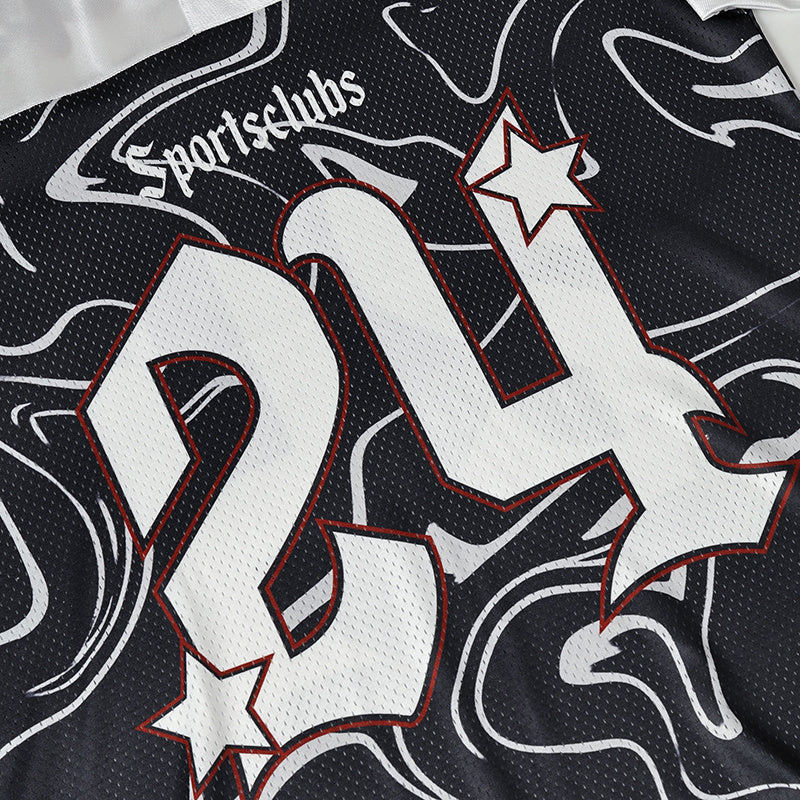 Black streetwear football jersey with swirl camo print and large white number 24 graphic with star accents