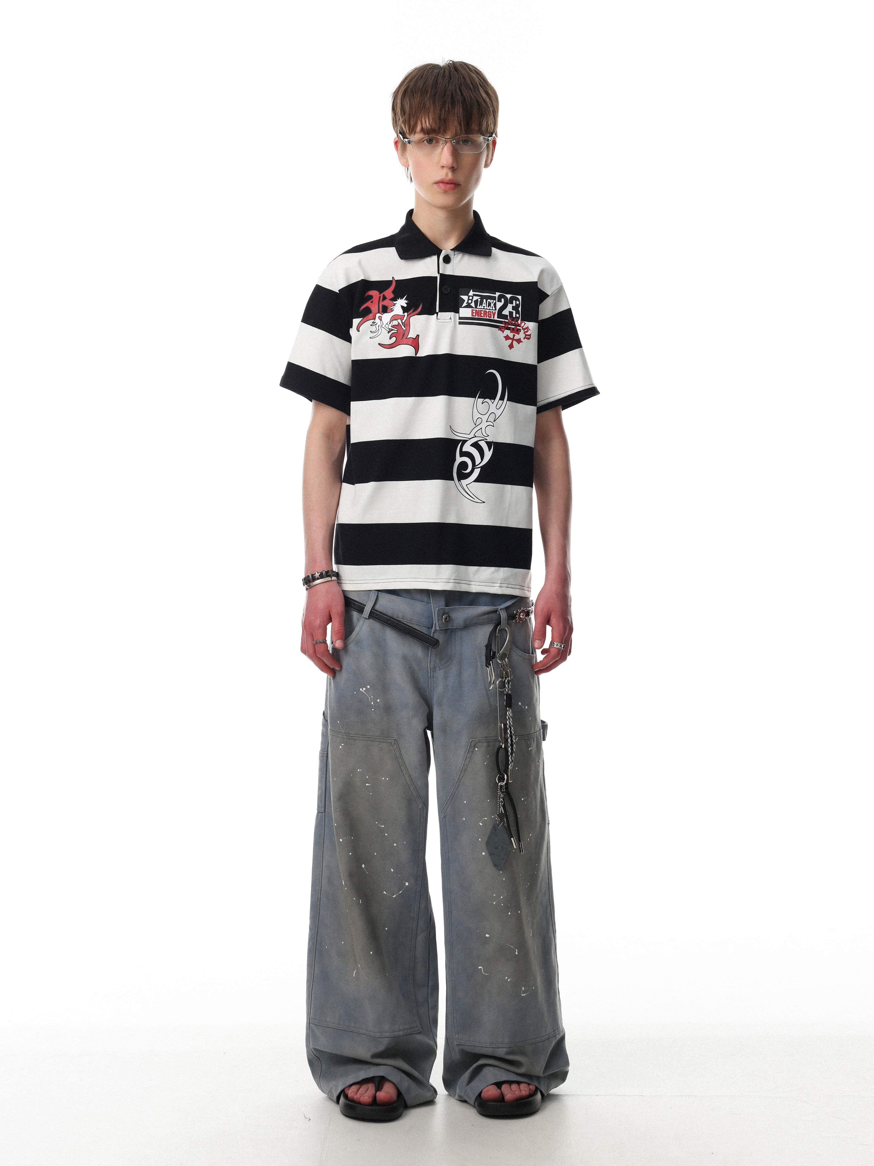 Omirad Rugby Stripe Graphic Polo Shirt | Black & White