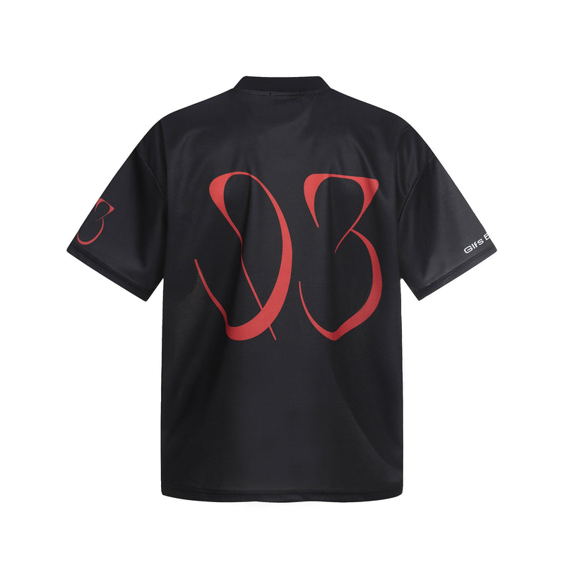 Black oversized mesh jersey with red abstract portrait graphic and short sleeves on a plain white background
