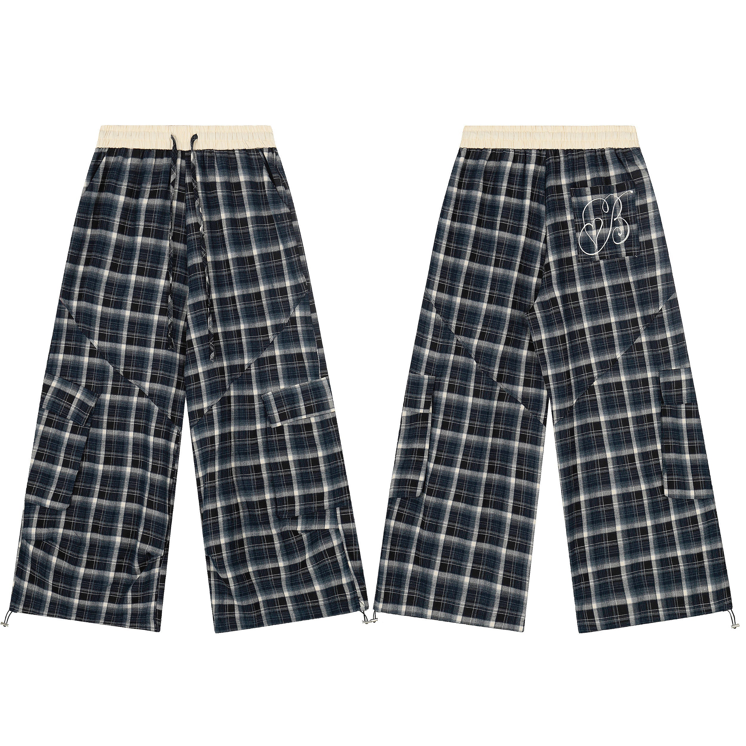 Front and back view of navy plaid wide-leg cargo pants with cream elastic waistband and flap pockets