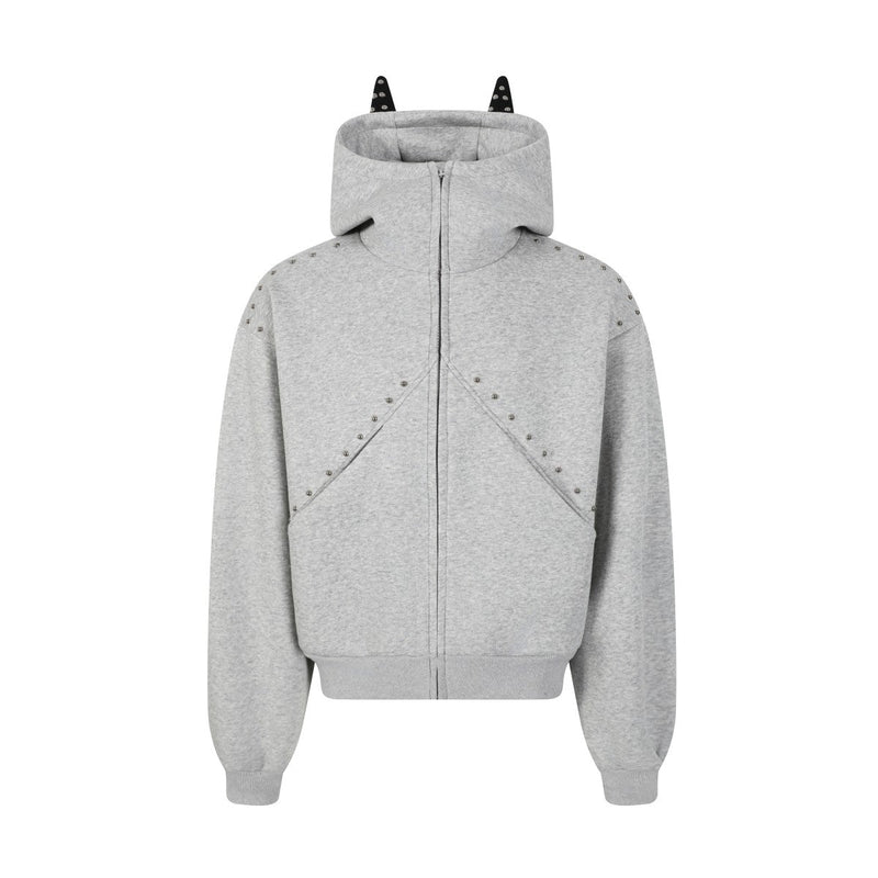 Grey front view of zip hoodie with tall collar, devil horn hood and studded seams