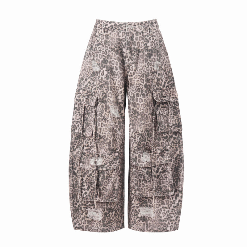 Leopard print wide-leg cargo jeans with distressed patches, front view