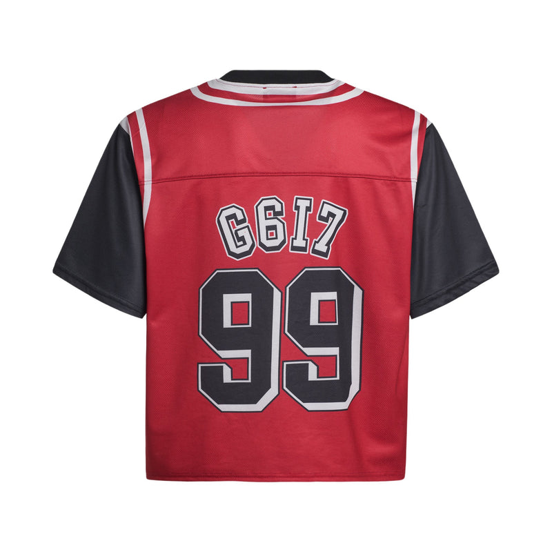 Red mesh varsity crop jersey with black sleeves, white trim, and bold 99 graphic on the back
