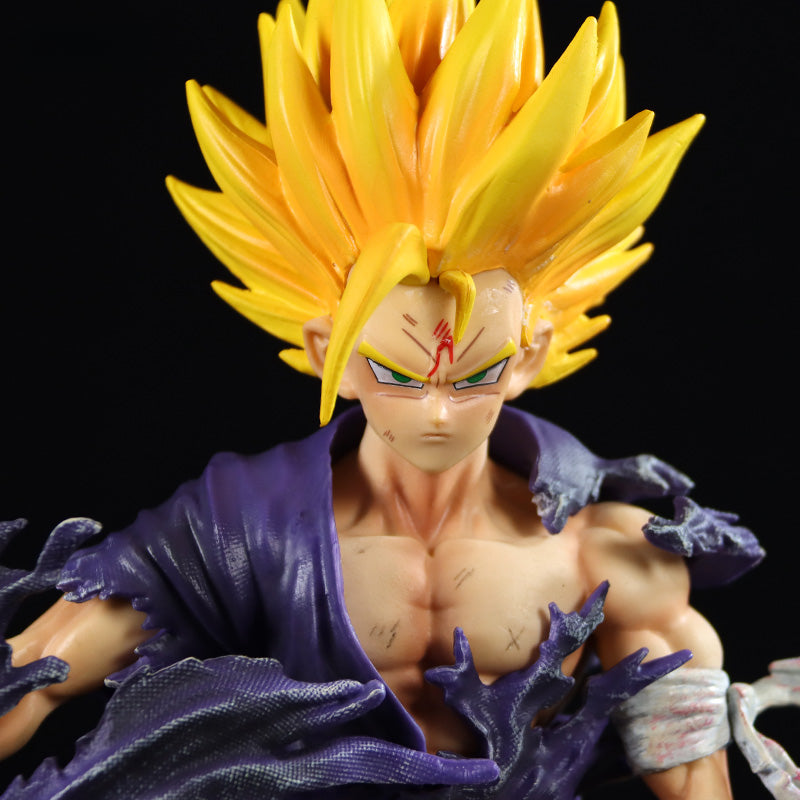 The Seakoff Future Trunks Super Saiyan Collectible Figure (28cm) from Dragon Ball Z features spiky yellow hair, an intense expression, muscular build, a tattered purple outfit with facial scratches, and is set in a plain black background.