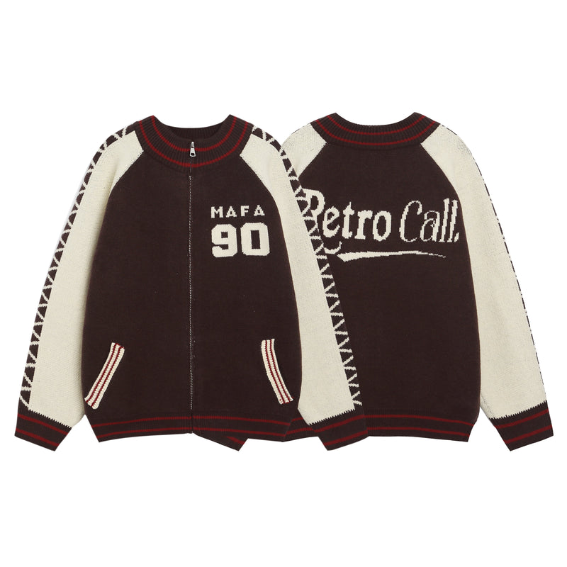 Front and back views of dark brown knit varsity jacket with cream sleeves
