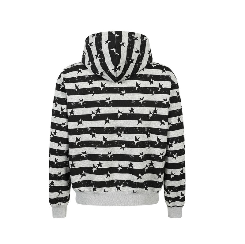 Back view of a black and gray striped star print hoodie with ribbed hem and cuffs