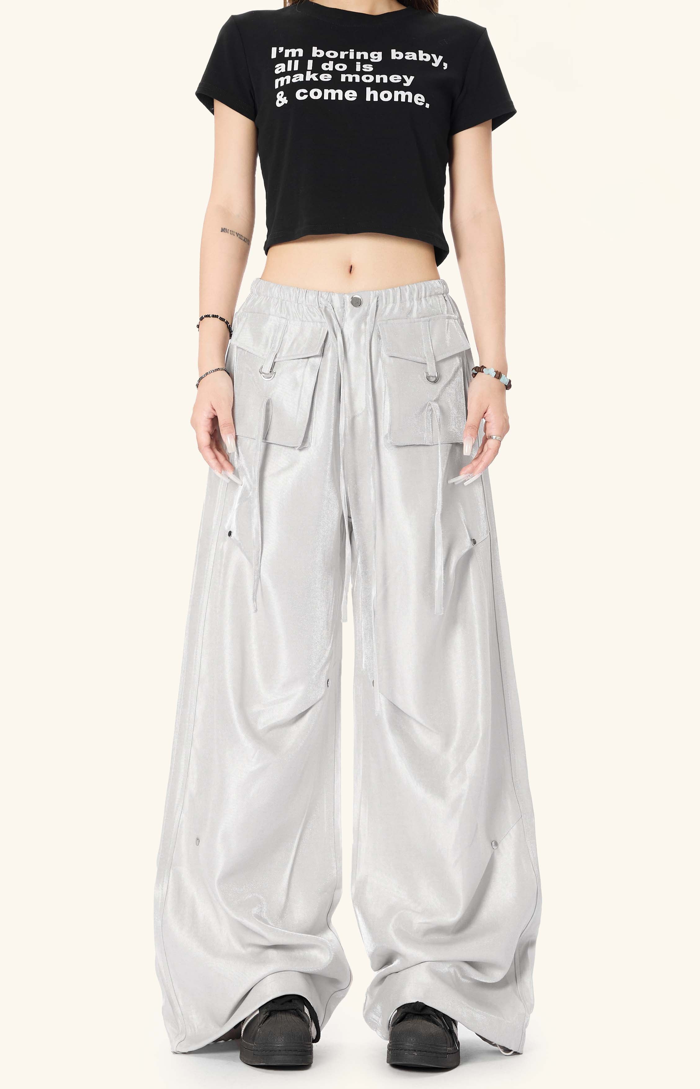 Omirad Glossy Utility Cargo Pants | Wide Leg Barrel Fit