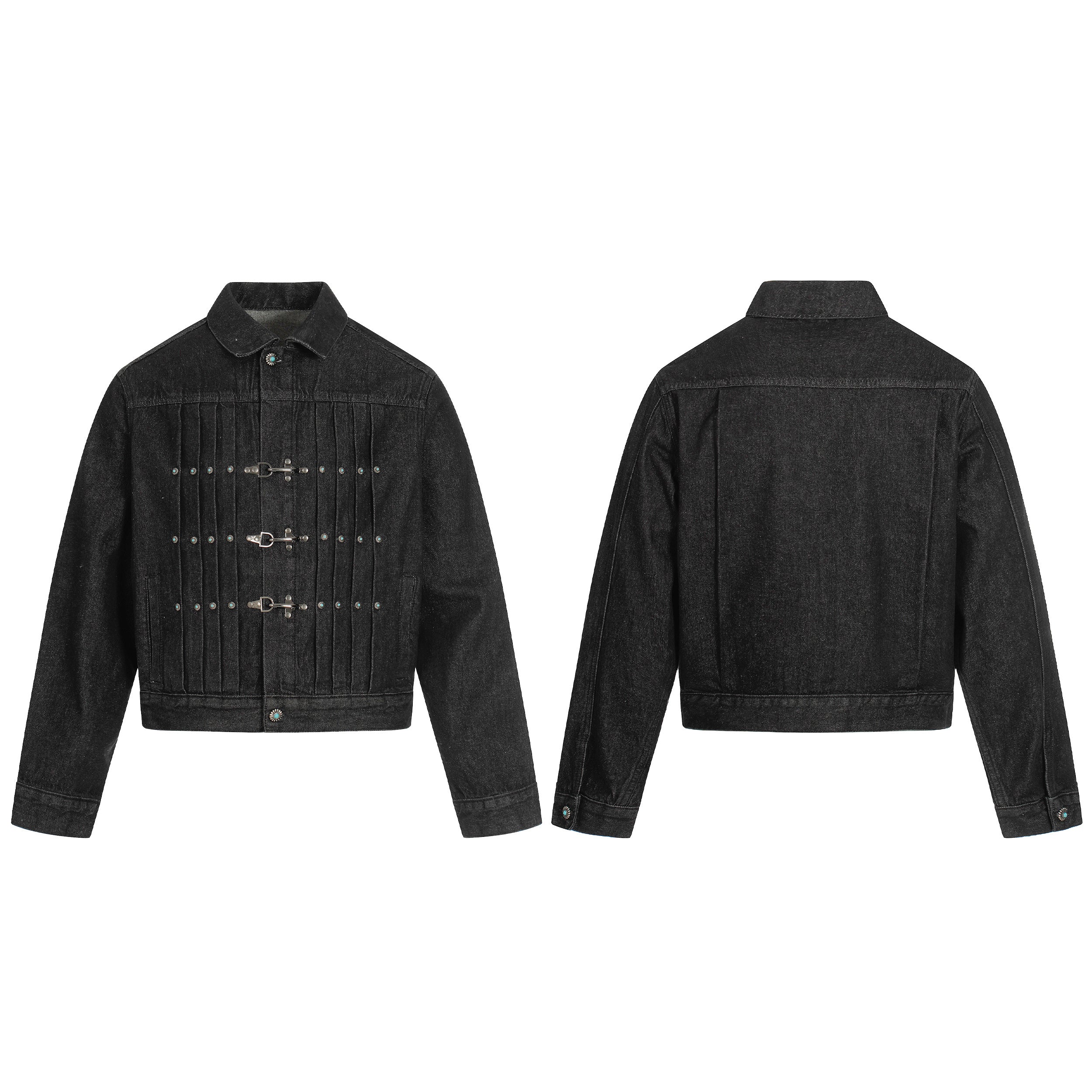 Front and back view of a black cropped denim jacket with vertical pleating, silver metal buckles, and turquoise rivet embelli