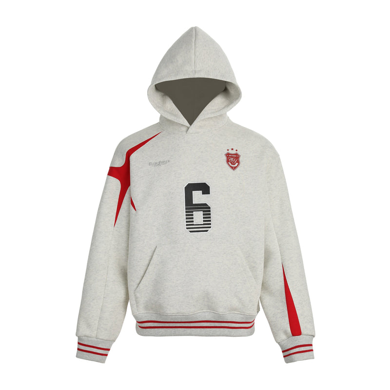 Light gray fleece hoodie with red sport stripes, varsity number 6 graphic, front view