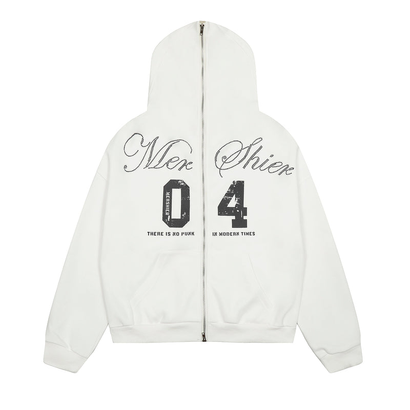 White zip hoodie front with black punk script and large distressed number graphics