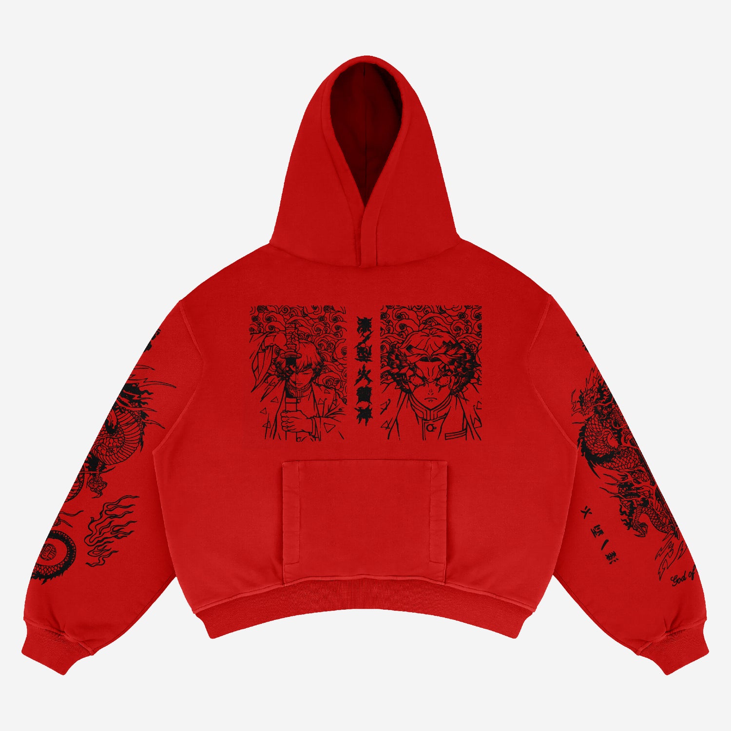 Embrace bold style with the Demon Slayer Zenitsu Agatsuma-Inspired &quot;Thunder God&quot; Limited Edition Streetwear Hoodie. This red piece flaunts black anime art and intricate patterns, featuring sleeve text, symbols, a front pocket, and a drawstring hood.