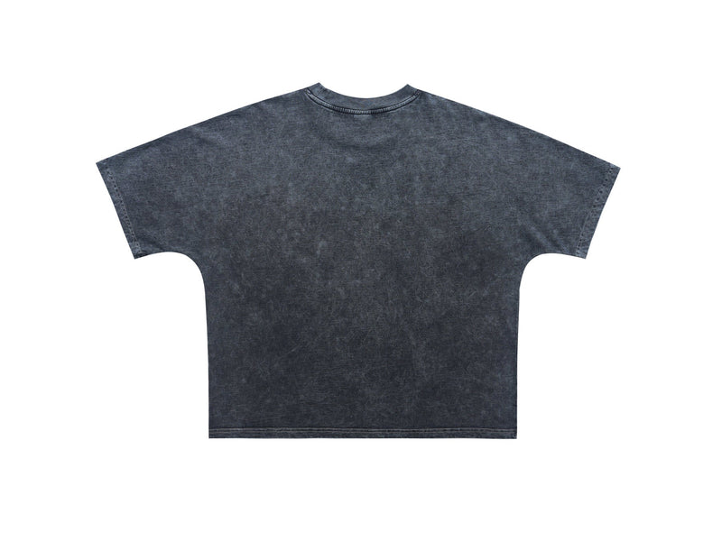 Dark washed oversized graphic tee with a boxy fit, short sleeves, and a faded gothic streetwear look
