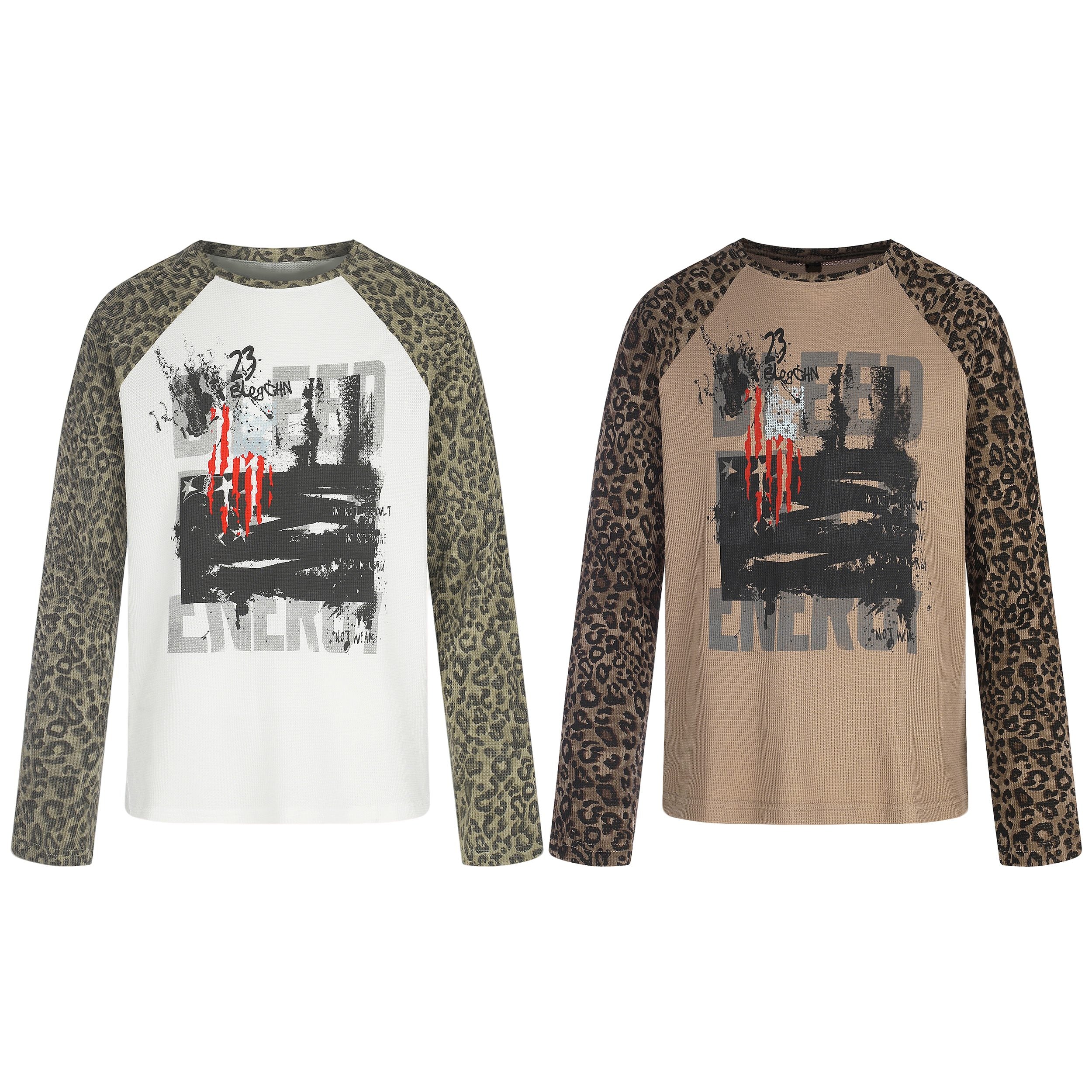 White waffle-knit long sleeve tee with olive leopard raglan sleeves and distressed grunge graphic chest print