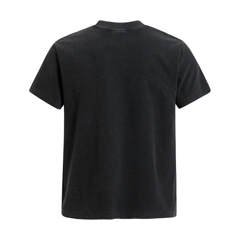 Black waffle knit short-sleeve T-shirt with ribbed collar, shown from the back on a plain white background