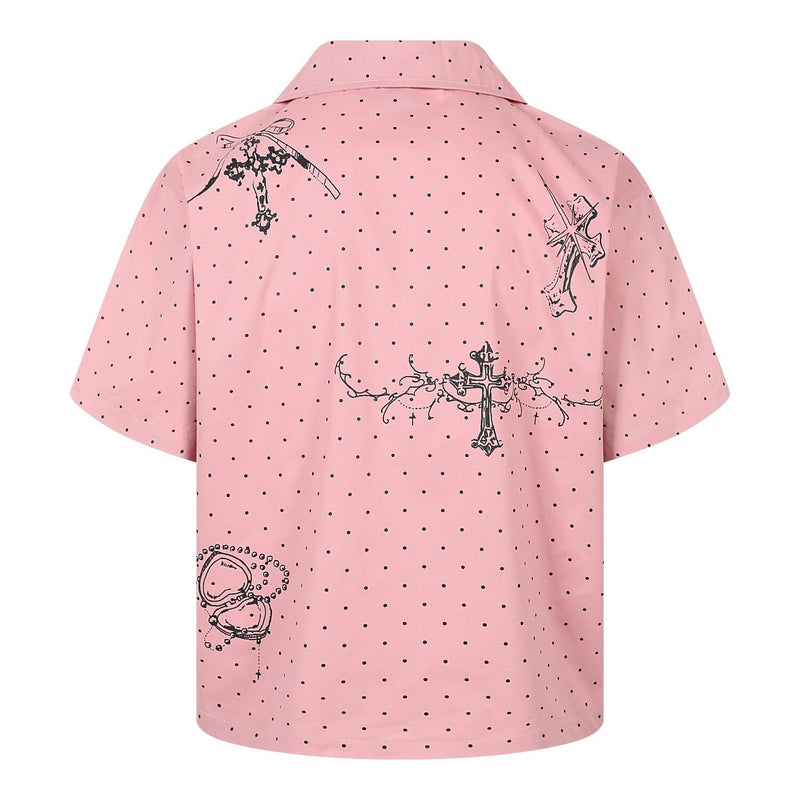 Pink polka dot camp collar shirt with cross graphics, back view
