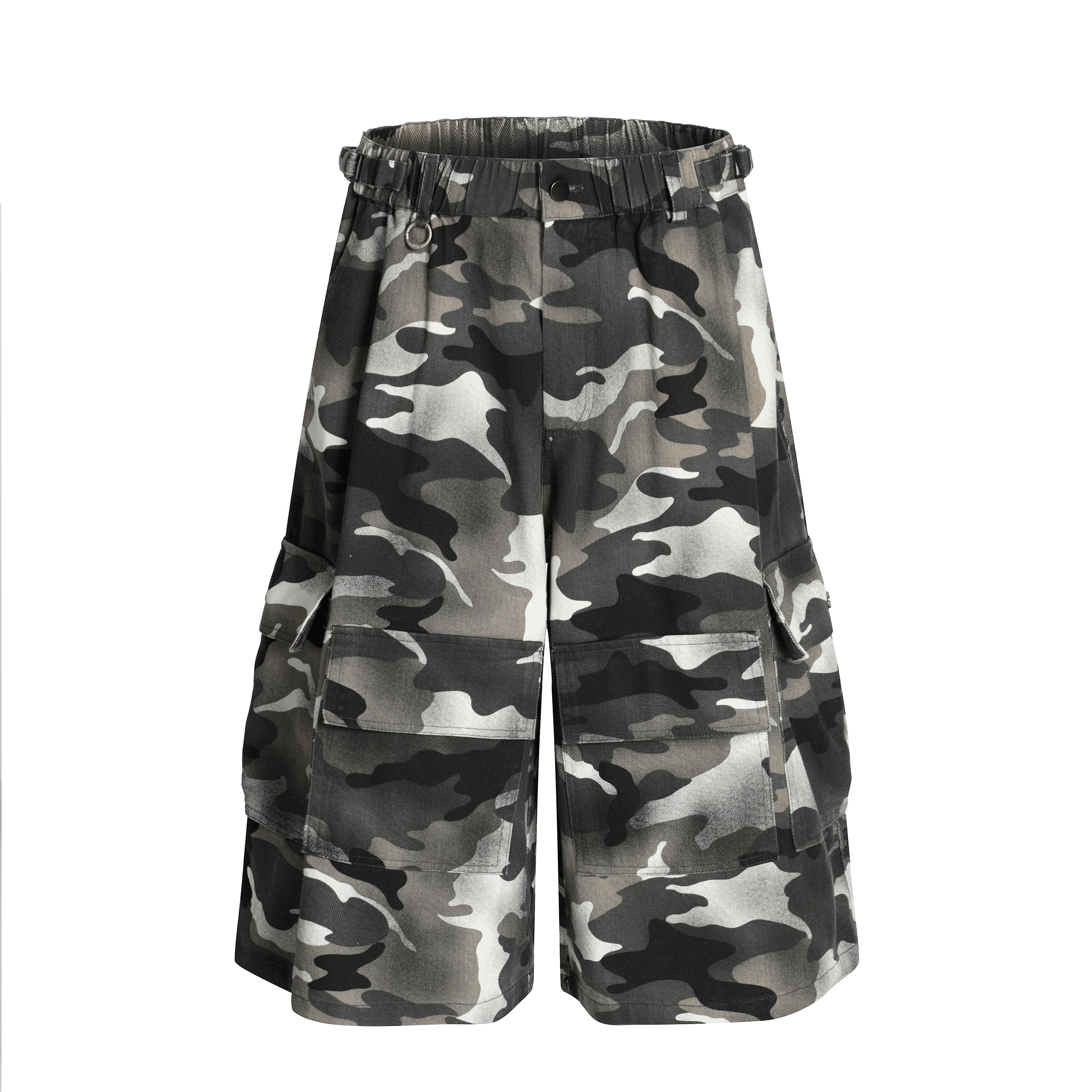Men's grey monochrome camouflage cargo shorts with elastic waistband and oversized side pockets, front view on white backgrou
