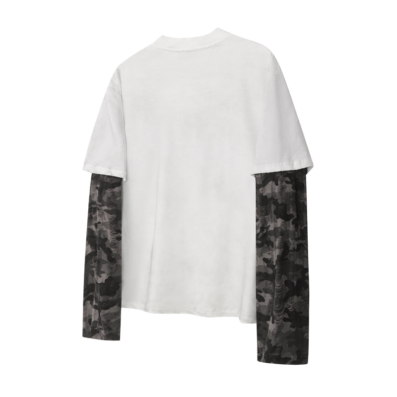 Back view of white tee with layered camo long sleeves and no back graphic