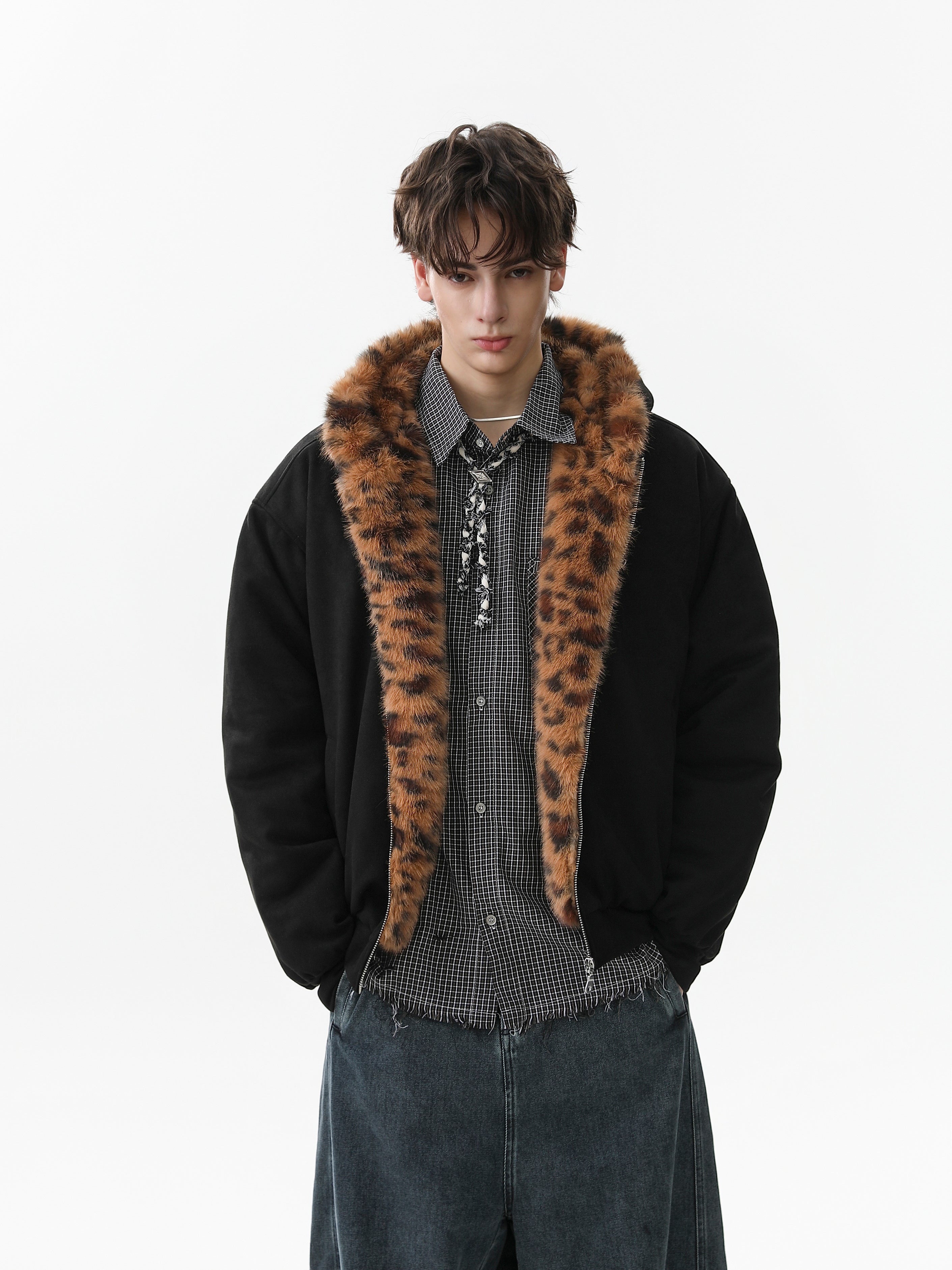 Leopard Faux Fur-Lined Bomber Jacket with Bear Ear Hood