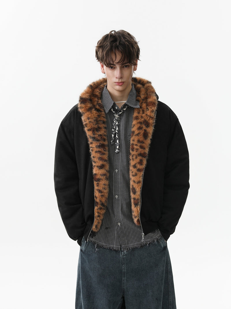 Leopard Faux Fur-Lined Bomber Jacket with Bear Ear Hood