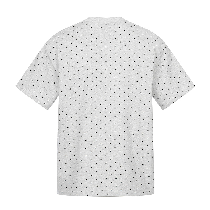Light gray relaxed graphic tee covered in tiny black micro-print script pattern on the back