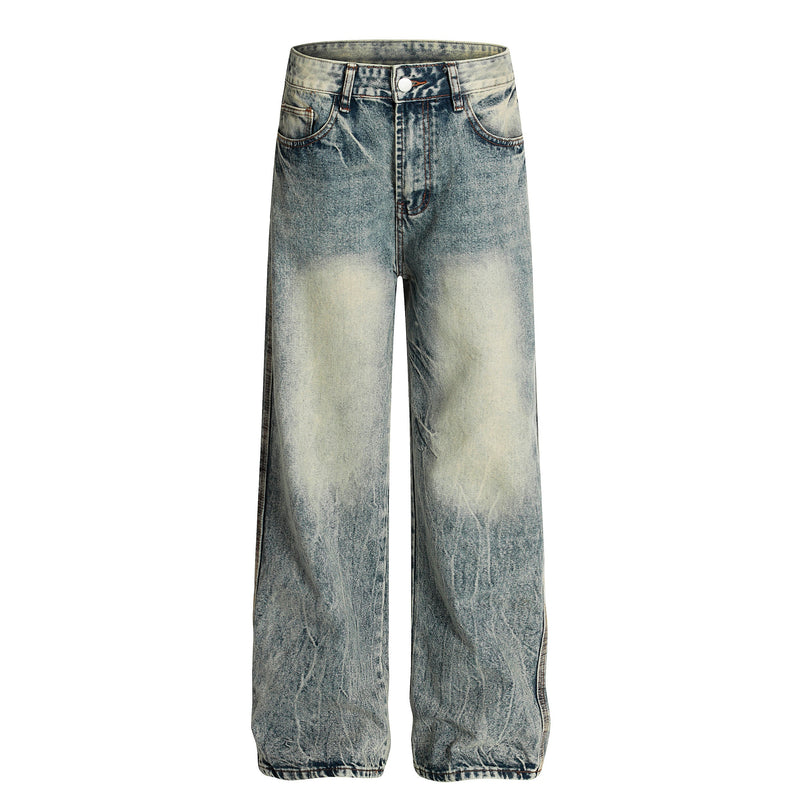 Light blue wide-leg jeans front view with vintage wash fading and straight leg shape