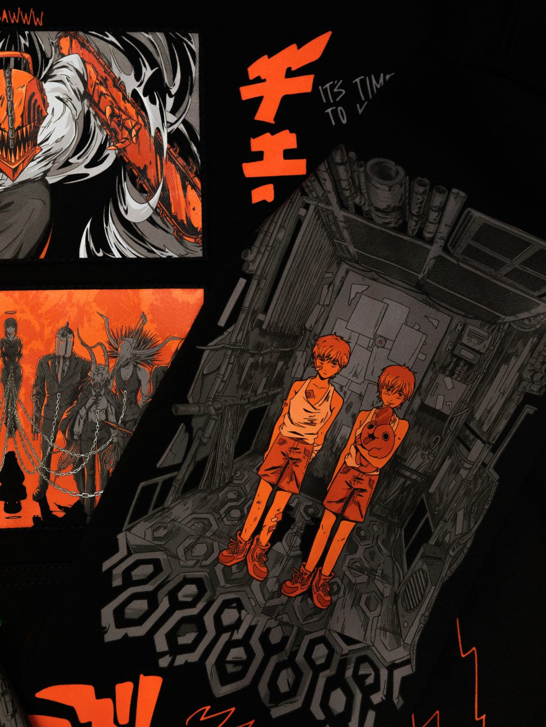 The Chainsaw Man Hoodie, made of 360 GSM cotton, showcases manga illustrations with two people on a complex structure surrounded by anime characters and the text "It's time to live." The black and orange color scheme subtly nods to anime streetwear fashion.