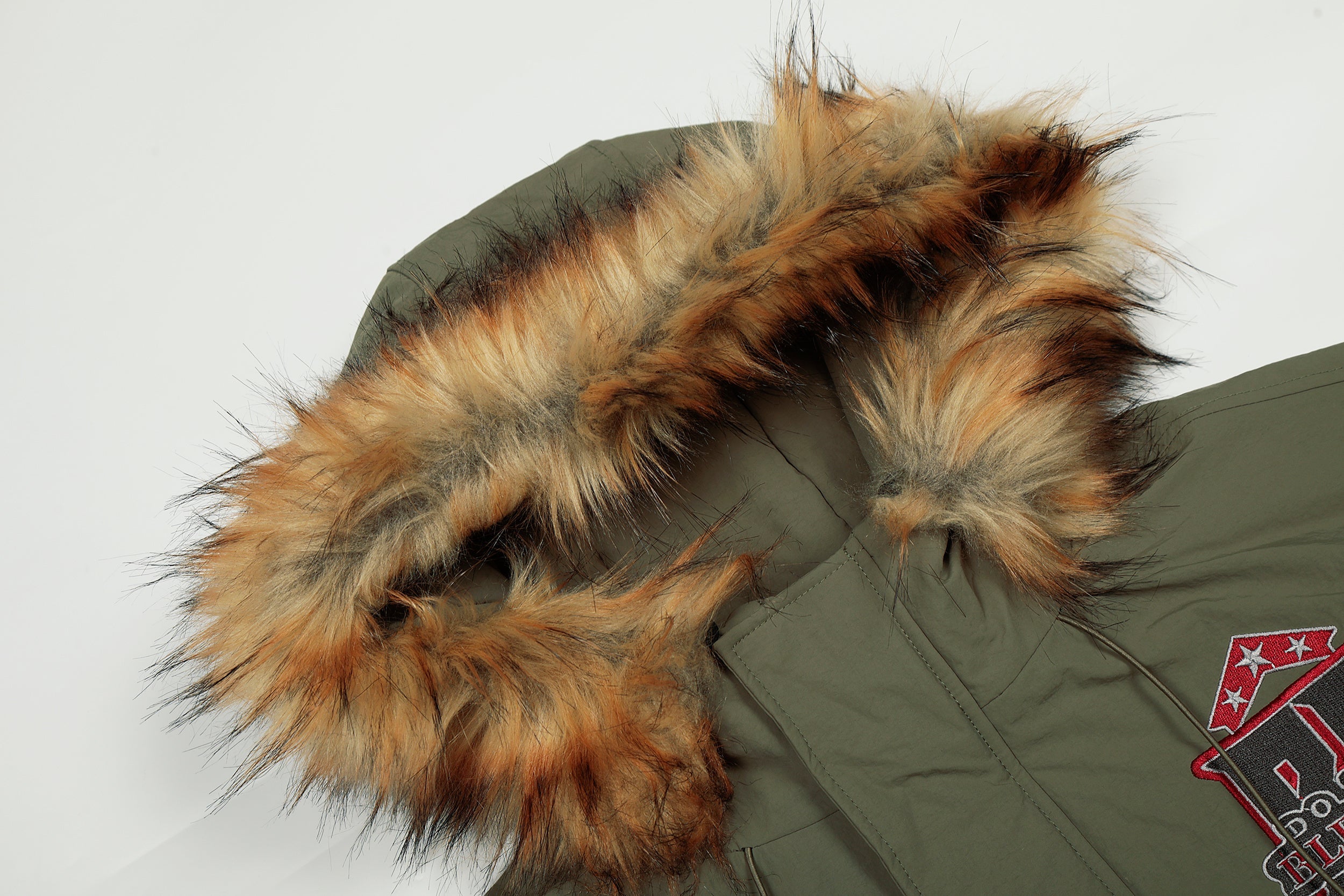 Varsity Patch Faux Fur Hooded Puffer Jacket | Army Green