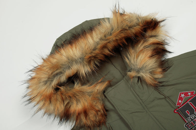 Varsity Patch Faux Fur Hooded Puffer Jacket | Army Green